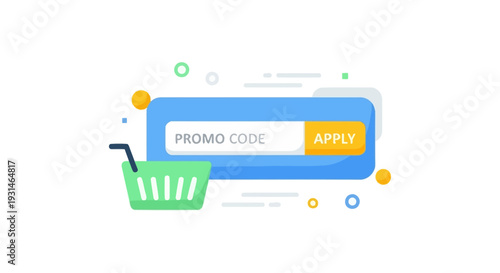 Promo Code Input Field with Apply Button & Shopping Cart Icon. Online Shopping, E-commerce Discounts, Coupon, and Promotion Concept. Flat Vector Illustration.