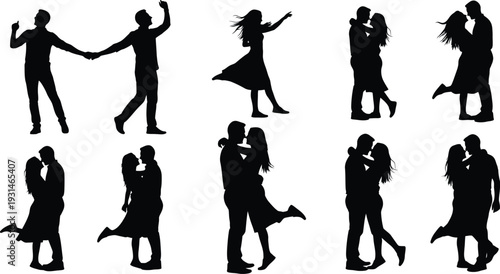 Collection of romantic couple silhouette figures dancing together in various poses