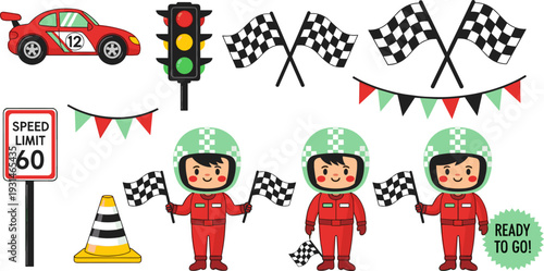 Race Car Driver with Racing Flags, Speed Limit Signs, and Traffic Lights in Fun Cartoon Style