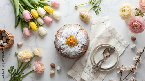 Wallpaper Mural Easter Flat Lay with Italian Panettone and Spring Flowers Torontodigital.ca