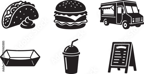 Food Truck Culture, Street Food Festival and Gourmet Mobile Catering Silhouette Icon Set Vector Illustration