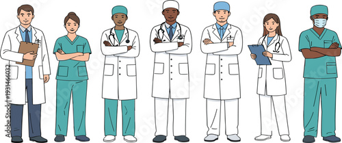 Diverse medical team vector illustration with doctors and nurses in uniforms isolated on light background