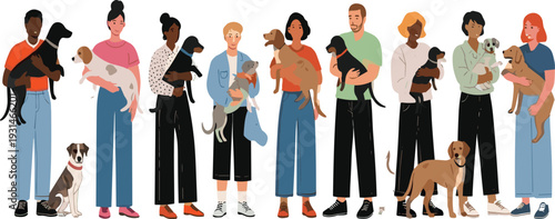 Diverse people holding dogs vector illustration with pet owners and puppies isolated on light background