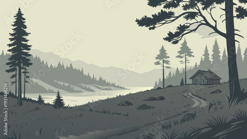 Atmospheric Monochromatic Mountain Landscape with Pine Forest and Lakeside Cabin