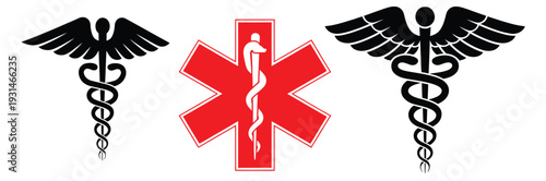 Caduceus and star of life symbols outline icons for medical use