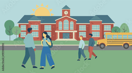School Day Scene with Diverse Students, Building, and Bus Illustration