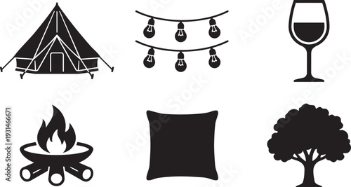 Glamping Lifestyle, Luxury Outdoor Camping and Boutique Nature Retreat Silhouette Icon Set Vector Illustration