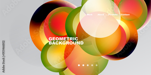 Abstract colorful circles overlap. Modern design features text elements, navigation options, gradient shades. Simple background enhances visual impact.