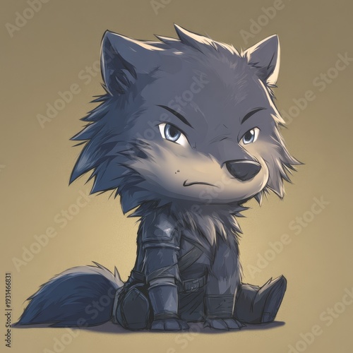 Cute chibi werewolf with blue eyes, wearing dark armor, sitting down, fantasy character