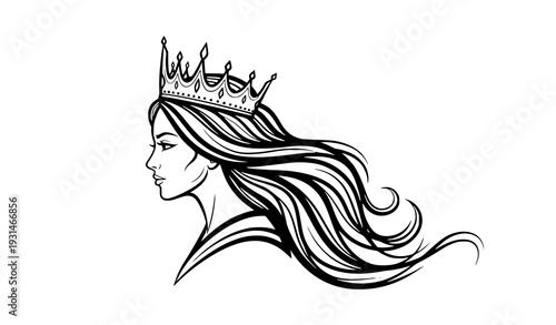 Elegant queen with crown and flowing hair profile line art vector illustration royal feminine design isolated on white