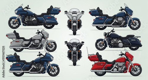 Collection of modern touring motorcycles displayed from multiple angles.