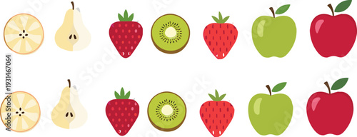 Fresh Fruit Icon Set with Apple Strawberry Kiwi Pear and Citrus Flat Vector Illustration Collection