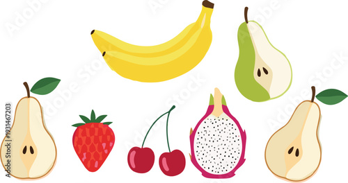 Fresh Tropical and Garden Fruit Collection with Banana Pear Strawberry Cherry and Dragon Fruit Vector Illustration