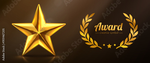 Golden Award Star and Emblem featuring a shiny 3D star and a laurel wreath on a dark background. Vector illustration.