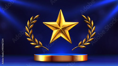 Golden star and laurel wreath award on a blue stage, symbolizing achievement and premium quality. Vector illustration