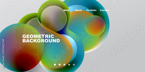 Abstract colorful circles overlap, creating dynamic geometric background. Text elements present work, about, portfolio, contact. Dots indicate navigation.