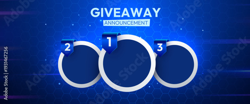 Vibrant blue giveaway announcement banner with three numbered steps. Ideal for prizes, options, or an event campaign. Vector illustration.