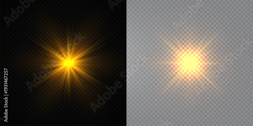 Glowing Golden Star Light Effect with Sparkle Rays and Lens Flare Illumination on Transparent Background