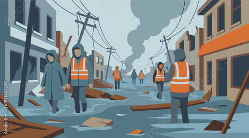 Rescue and recovery efforts in a flooded and damaged urban landscape
