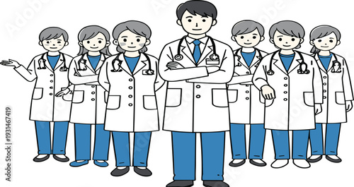Friendly Medical Team of Doctors Standing Together in White Coats Healthcare Staff Cartoon Vector Illustration