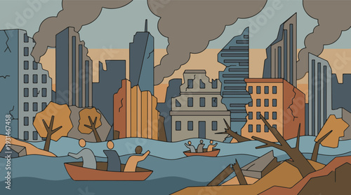 Flooded city disaster: ruined buildings and people evacuating by boat