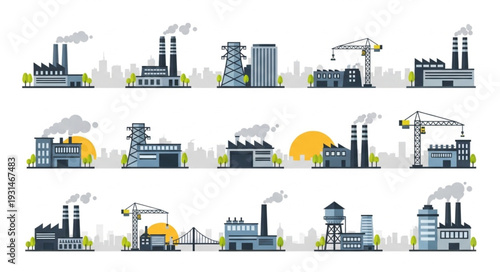 Collection of Industrial Factory Buildings with Smoke Stacks.