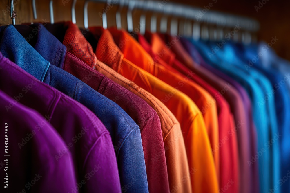 Fototapeta premium Row of colorful jackets in wardrobe gradient