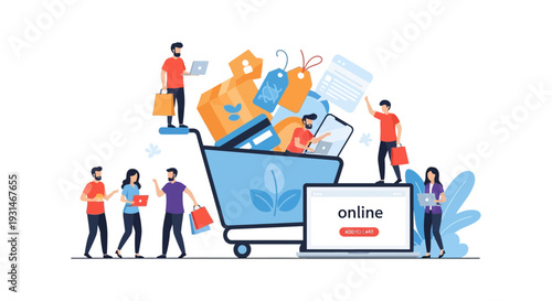 E-commerce Online Shopping Concept: People Interacting with Digital Retail and Loaded Cart