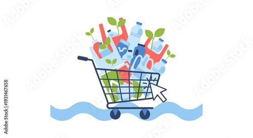 Online Shopping Plastic Waste Pollution in Water with Green Sprouts