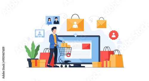 Online Shopping & E-commerce Journey: Man with Shopping Cart, Digital Retail, Customer Experience Illustration