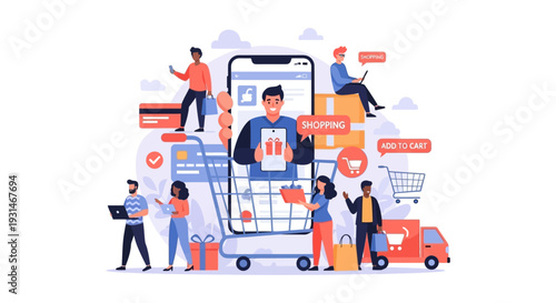 Mobile E-commerce Concept: Online Shopping, Digital Marketing & Delivery System with Diverse Shoppers and Payment Methods