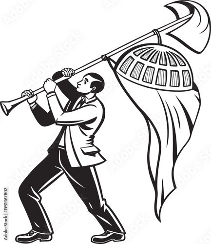 Vector illustration of man blowing horn with flag