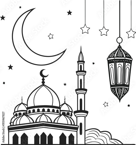 Vector illustration of mosque with crescent moon and stars