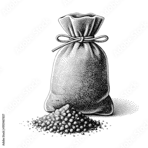 Black salt sachet elegantly isolated on a pristine white background, showcasing textured fabric and scattered granules in a classic illustration style