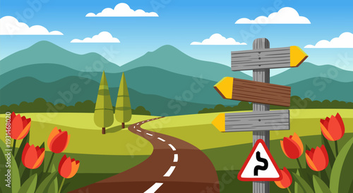 Scenic Countryside Road Vector Illustration with Mountains, Trees, Flowers, and a Directional Signpost