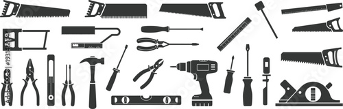 Collection of black and white hand tools and measuring instruments arranged in a grid pattern hammer