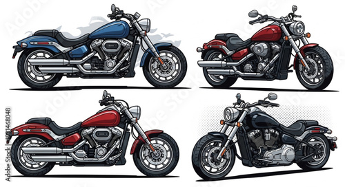 Four Different Motorcycle Illustrations on White Background.