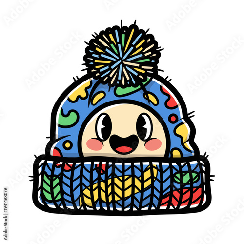 Colorful cartoon printed beanie with playful face design isolated on white background
