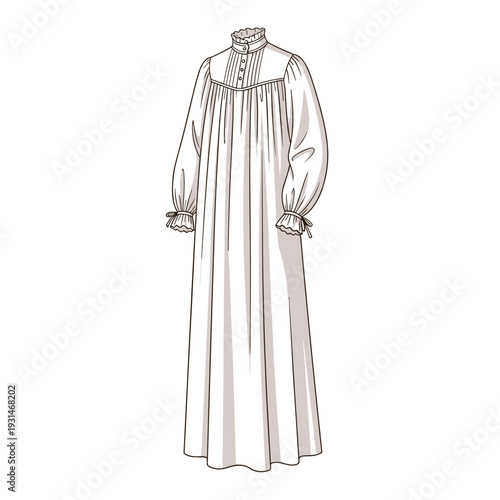 Elegant cotton nightgown with long sleeves isolated on a white background, showcasing classic design and delicate fabric details