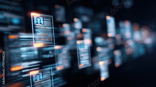 Digital human resources recruitment interface with floating personal profiles and candidate resumes on dark technology background