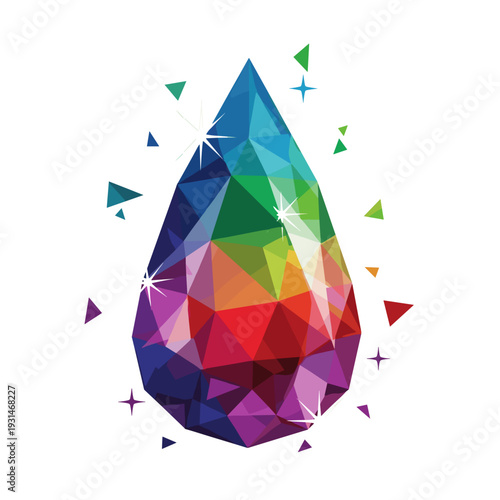 Colorful gemstone drop pendant with faceted design, isolated on a white background, sparkling with vibrant rainbow hues and geometric shapes