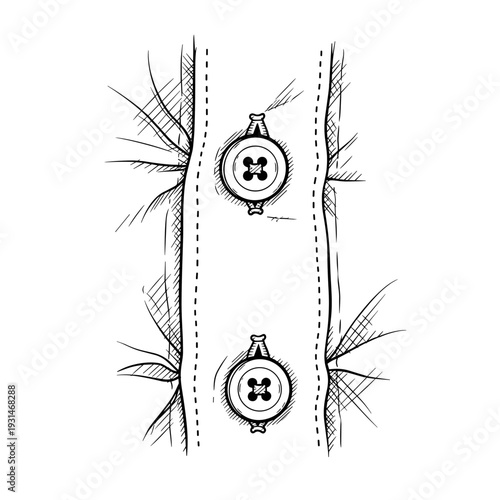 Detailed sketch of button and placket design, isolated on white background, showcasing intricate stitching and textile pattern