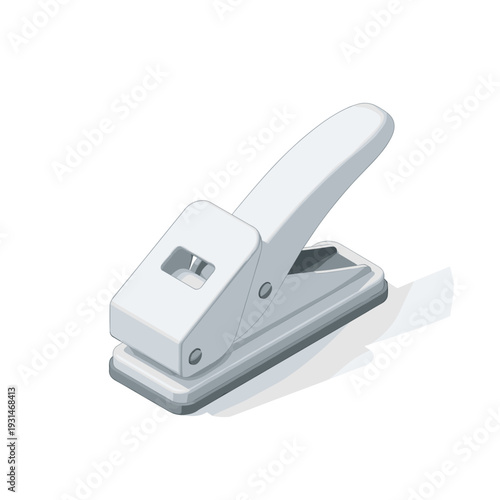 White paper punch tool isolated on a clean background, showcasing a sleek design with shadow detail and precise craftsmanship, tag
