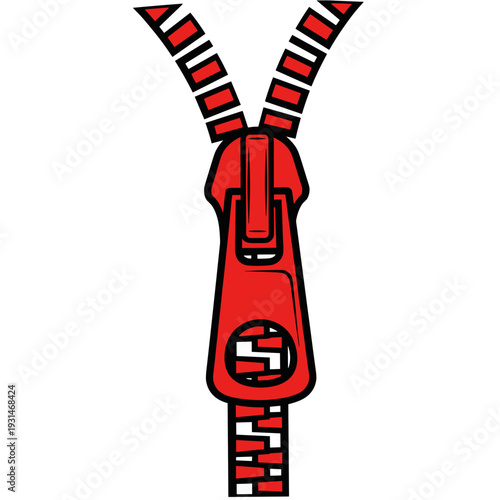 Red zipper slider isolated against a white background, featuring a bold and graphic design with detailed stitching and metallic highlights