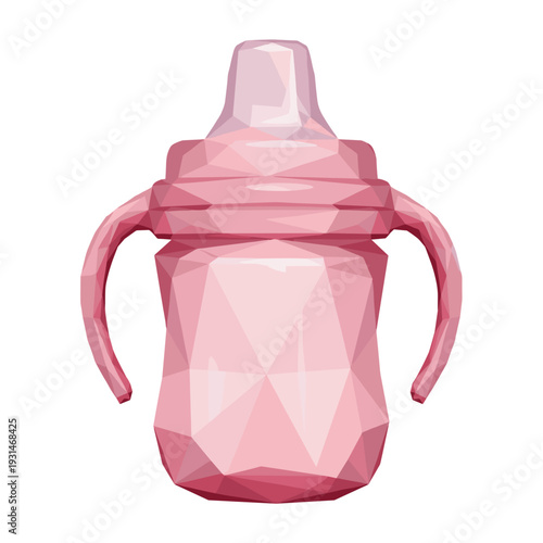 Geometric pink sippy cup with handles isolated on a white background, showcasing a modern, low-poly design and vibrant color