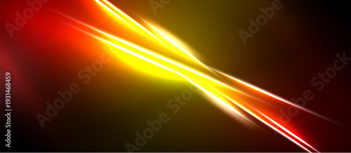 Bright streaks cross dark background. Vivid yellow, orange, red hues create dynamic abstract visual effect. Energy radiates from central point.