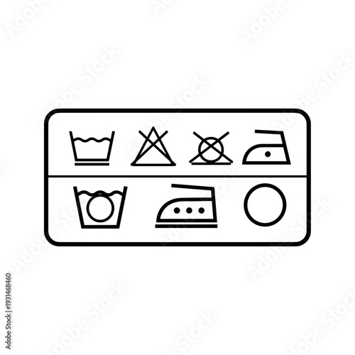 Black and white care label patch with laundry symbols isolated on a white background