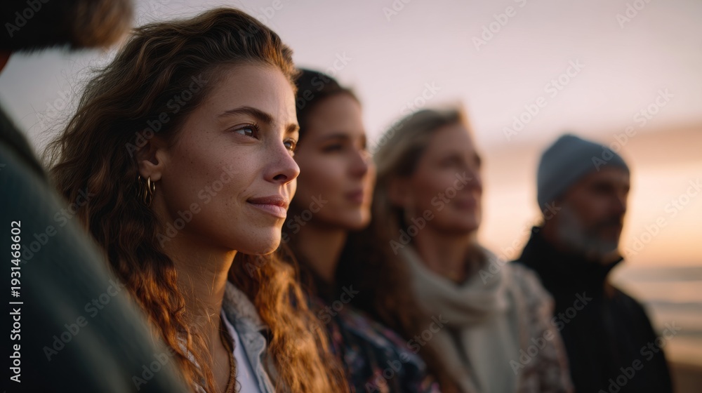 Obraz premium Family enjoying scenic sunset view, diverse ages together by the sea