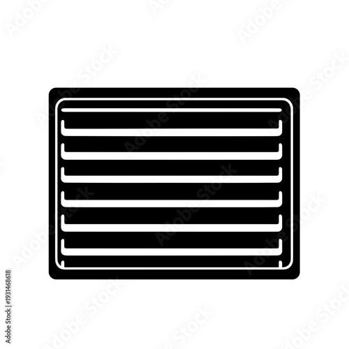 Black vent panel design isolated on a clean white background, showcasing horizontal slats for air circulation in a minimalist style