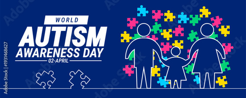 World Autism Awareness Day April 2 Banner, background or poster design. Navy Blue Graphic with Multi-Color Puzzle Pieces and a White Silhouette of a Supportive Family to Promote Neurodiversity.